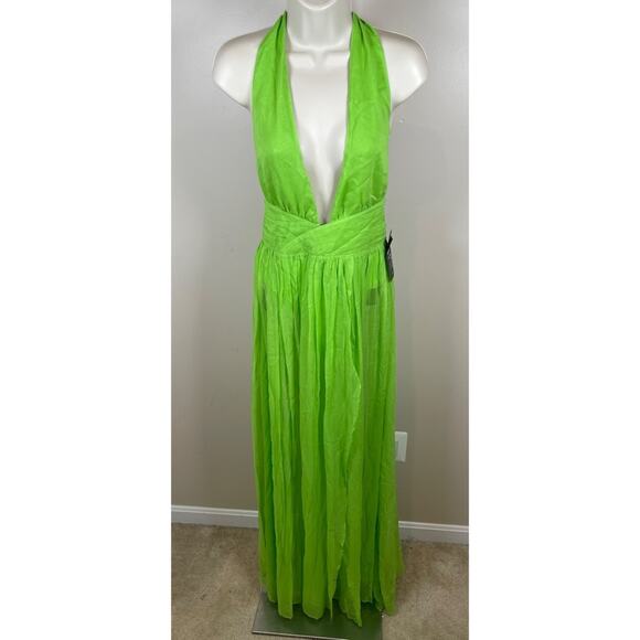 RETROFETE Zion Silk Chiffon Sheer Halterneck Lime Green Maxi Dress Size XS - Picture 4 of 14